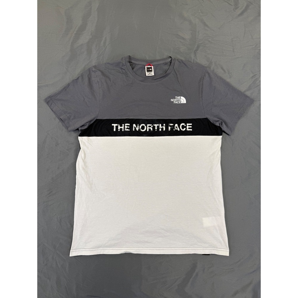 The North Face Mens Tri-Color Block Distressed Logo Graphic Tee Grey White M